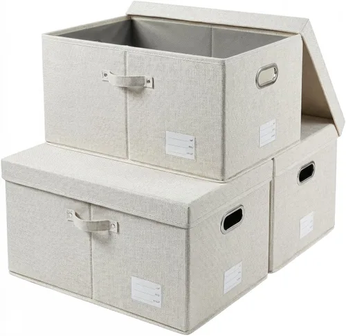 Miniatura 22 de PRANDOM Contenedor de almacenamiento plegable con tapa [1 unidad] Caja de almacenamiento decorativa de tela de lino, cesta organizadora con asas