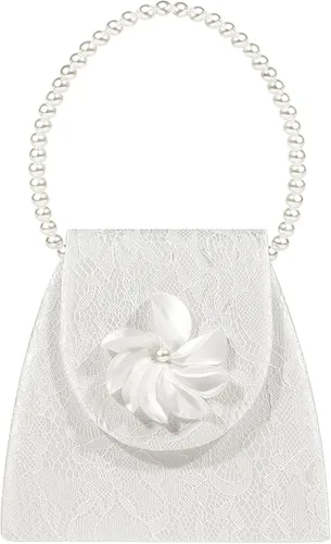 Miniatura 3 de Mulian LilY Bolso de embrague con asa superior de perla de satén de encaje floral de alta calidad con cadena desmontable flor boda bolsa nupcial