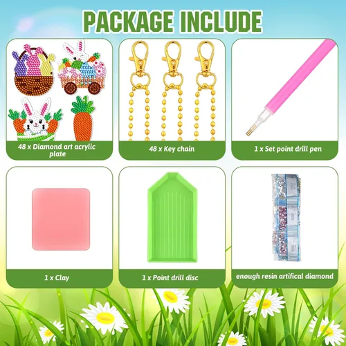 Miniatura 3 de Panelee 48 piezas de llavero de arte de diamante de Pascua, kits de arte de diamantes para colgar huevos de Pascua, adornos para niños