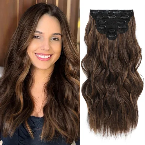 Miniatura 20 de Fliace Extensiones de cabello con clip para mujer, extensiones de cabello ondulado largo de color marrón medio, extensiones de cabello sintético