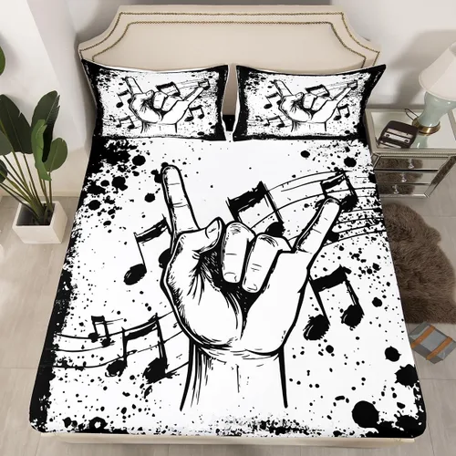 Miniatura 2 de Erosebridal Juego de sábanas de tamaño individual con temática musical, con estampado de notas musicales, juego de cama ajustable en blanco y negro