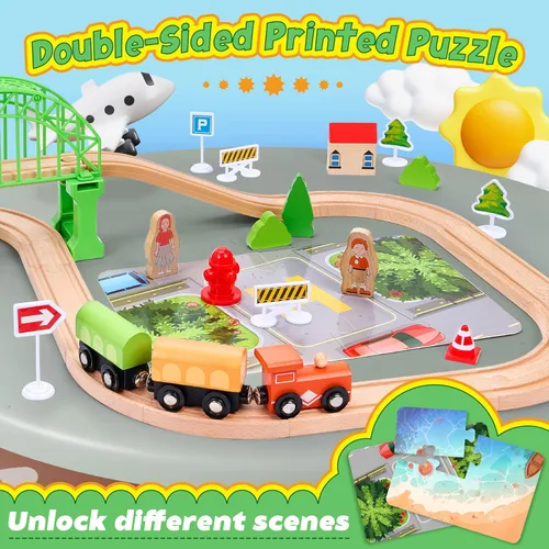 Miniatura 6 de Juego de tren de madera de 61 piezas para niños pequeños de 3 a 8 años, pista de tren expandible de doble cara con rompecabezas y juguetes de pesca