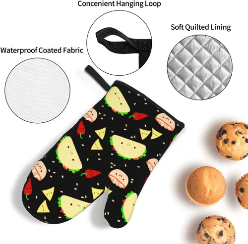 Miniatura 5 de Juego de 4 manoplas de horno y soportes para ollas con estampado de tacos Kawaii, guantes resistentes al calor para cocina, hornear, asar a la Lindo