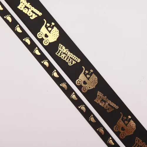 Miniatura 6 de Meseey 2 rollos en total de 20 yardas de cinta de bienvenida para bebé, cintas negras y doradas con estampado de pies para manualidades, pasteles