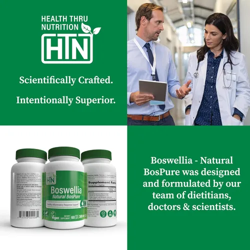 Miniatura 5 de Health Thru Nutrition Boswellia 300 mg 60 cápsulas como Bospure AKBAMAX Alta potencia 75% ácidos boswélicos 10% AKBA Apoyo de movilidad