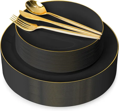 I00000 150 platos de plástico negro, platos desechables negros, platos negros resistentes para 30 invitados, el juego de vajilla de plástico incluye