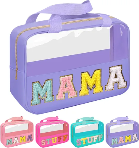 Miniatura 7 de Iqimott Bolsa de bebé con parche de letras de chenilla, bolsa de cosméticos transparente para maquillaje, bolsa grande de almacenamiento