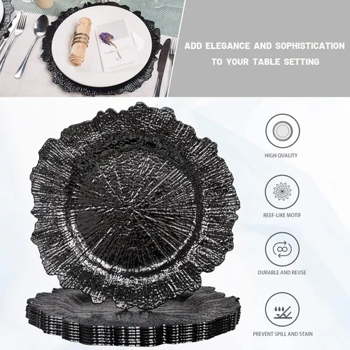 Miniatura 6 de MAONAME Juego de 8 platos base redondos negros de 13 pulgadas, bajoplatos de arrecife para platos de cena, platos base de plástico para boda