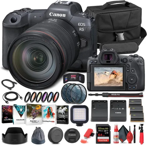 Canon Cámara digital sin espejo EOS R5 con lente f/4L de 0.945-4.134 in (4147C013), tarjeta de memoria de 64 GB, funda, software de foto Corel, 2