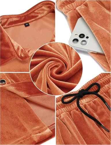 Miniatura 15 de LecGee Conjunto de pantalones cortos casuales de verano para hombre, camisa de terciopelo de manga corta con botones, pantalones cortos de cintura