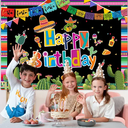 Miniatura 5 de Telón de fondo de fiesta mexicana de 6 x 3.6 pies, feliz cumpleaños, fiesta, cinco de mayo, decoraciones de fiesta de carnaval, colorido fondo