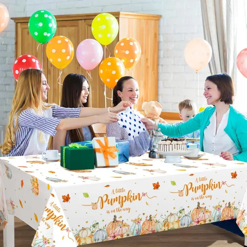 Miniatura 6 de WovWeave Paquete de 3 manteles de calabaza pequeña para decoración de fiesta de baby shower de otoño para niños y niñas, fundas de mesa para Acción