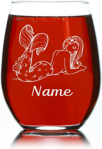 Miniatura 4 de C M Sirena con nombre, 17 onzas, copa de vino personalizada sin tallo, regalo personalizado con temática de sirena para mujeres y hombres