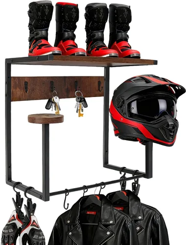 Miniatura 8 de Soporte de pared para casco, estante retro para casco con tabla de madera, 2 soportes para casco para almacenamiento de equipo de motocicleta
