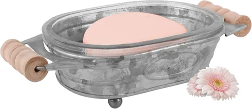 Autumn Alley Jabonera galvanizada para baño, divertida bandeja de jabón de cocina, accesorios de baño de granja, jabonera rústica, asas de madera