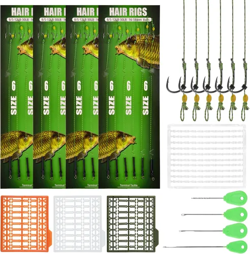 Miniatura 11 de Kits de aparejo de pesca de carpa, 26 piezas/30 piezas, juegos de anzuelos curvados de púas giratorias, paradas de cebo y cuerdas de cebo de pesca