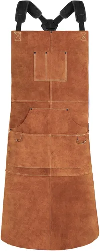 QeeLink Delantal de soldadura de cuero con 6 bolsillos, delantal resistente al calor y al fuego, 24 x 42 pulgadas, ajustable de M a XXXL Marrón