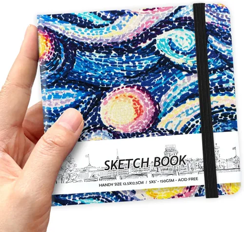 Miniatura 30 de Cuaderno de bocetos de bolsillo cuadrado de tapa dura de cuero PU de 5" x 5", 58 hojas de papel beige Dowling de 150 GSM, libro de bocetos de arte