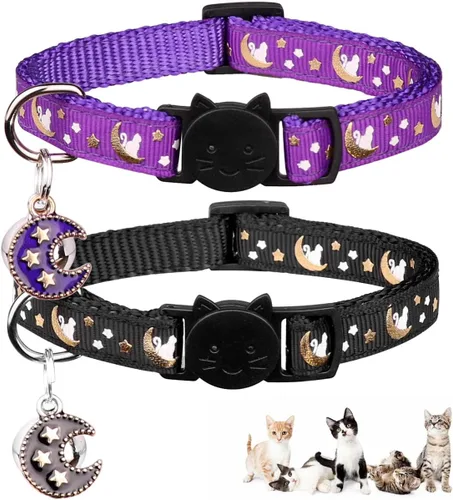 Miniatura 10 de Baeuppit 2 collares de gatos separables para niños y gatos, ajustables, con campana, color negro y azul claro Negro + azul claro