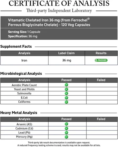 Miniatura 3 de Vitamatic Hierro quelado de 36 mg (de Ferrochel® Ferroso Bisglicinato Quelato) – No estreñimiento – 120 cápsulas vegetales – Sin OMG, sin gluten