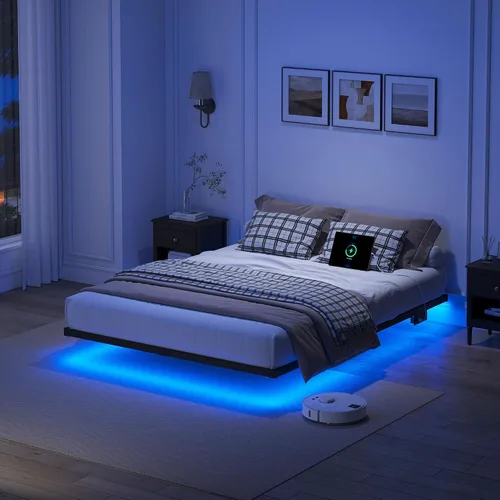 Miniatura 10 de YORMDMO Base de cama flotante tamaño individual, marco de cama resistente con luces LED inteligentes y estación de carga, cama moderna de plataforma