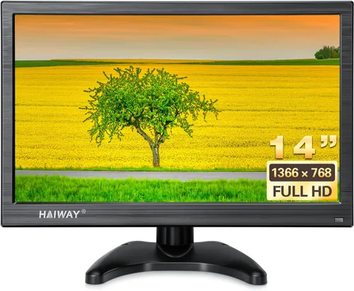 Haiway Monitor de seguridad de 14 pulgadas, resolución de 1366 x 768, monitor de PC pequeño con altavoces integrados con puertos HDMI/VGA/BNC/AV,