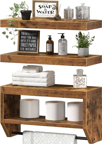 QEEIG Estantes flotantes de baño para pared - Estante sobre inodoro para almacenamiento de papel higiénico estilo granja, 16 pulgadas, juego de 3,