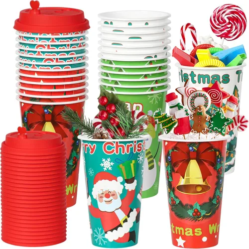 Recuerdos de fiesta de Navidad, tazas de regalo, 24 paquetes de 16 onzas, suministros de fiesta de Navidad de plástico reutilizables con tapas y