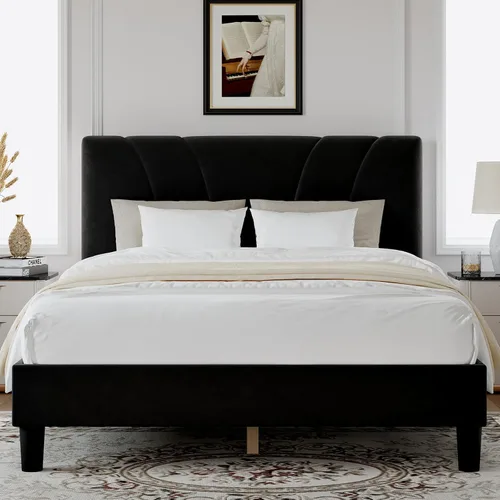 Miniatura 9 de Novilla Base de cama tamaño King con cabecera ajustable, marco de cama King, cabecera tapizada de tela de lino, no necesita somier, sin ruido, Beige