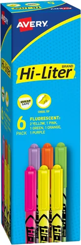 Avery Resaltadores estilo bolígrafo Hi-Liter, tinta segura para manchas, punta de cincel, 6 resaltadores de colores surtidos (23565)