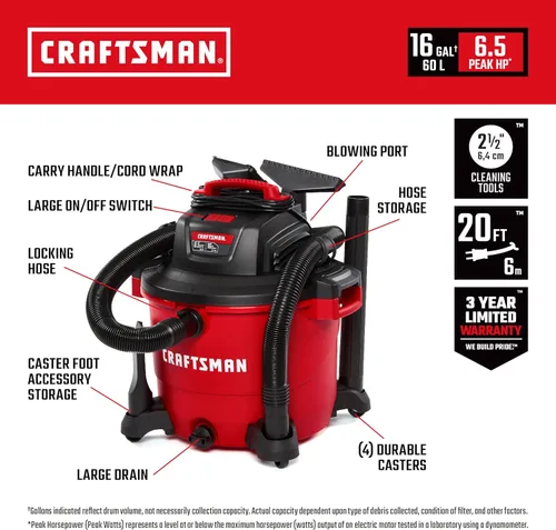 Miniatura 2 de CRAFTSMAN CMXEVBE18695 - Aspiradora Húmeda y Seca de 16 Galones 6.5 HP Pico, Aspiradora de Taller de Servicio Pesado Húmeda y Seca con Filtro
