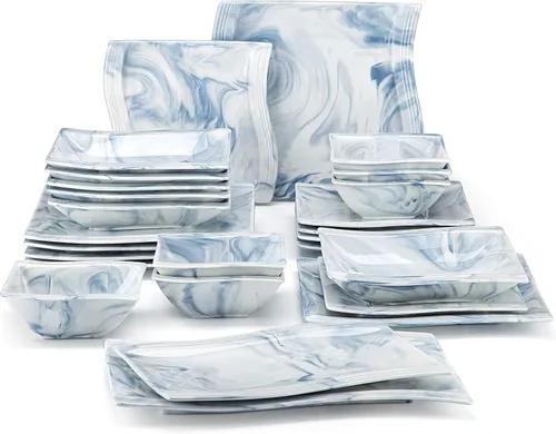 Miniatura 8 de MALACASA - Juegos de vajilla para 6, 30 piezas de platos y tazones de porcelana, juego de vajilla cuadrada con plato para cena y tazón, taza y Azul