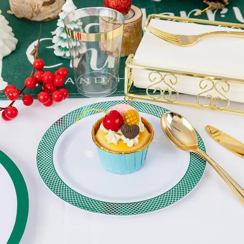 Miniatura 9 de Ciaell 175 platos de plástico de Navidad, los juegos de platos de plástico blanco y verde incluyen 25 platos de cena, 25 platos de postre, 25