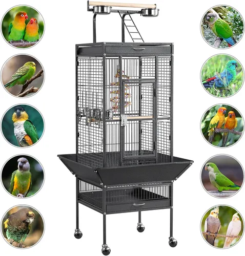 Miniatura 8 de Jaula para pájaros y accesorios de Yaheetech. Ideal para loros, cacatúas, periquitos., Negro