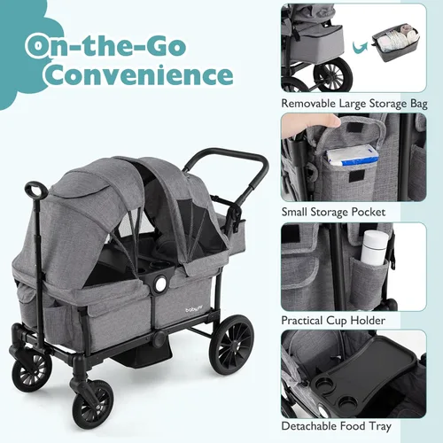 Miniatura 3 de BABY JOY Cochecito vagón para 2 niños, vagón doble plegable para empujar o jalar con mango ajustable, toldo extraíble, arnés de seguridad, Gris