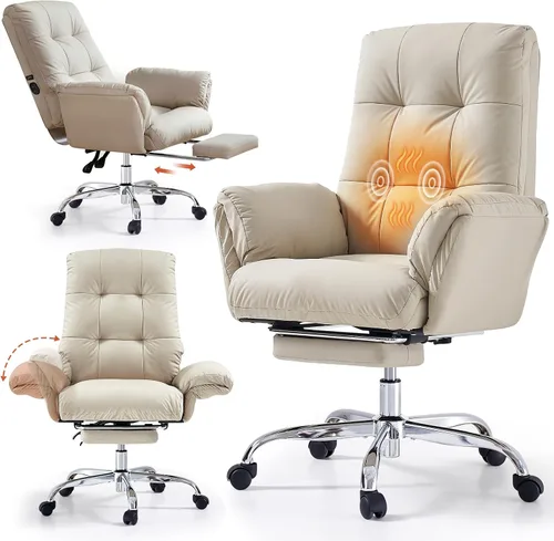 Silla de oficina EMIAH con calefacción y masaje con reposapiés, silla de cruce con ruedas y brazos abatibles, silla reclinable de escritorio, silla