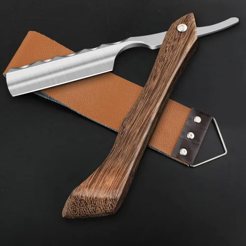 Miniatura 8 de Navaja de afeitar recta con estropa - Afeitadora profesional de borde recto de acero inoxidable premium para barbero con estropa para afeitado