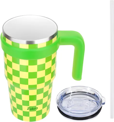 Miniatura 10 de Zukro Vaso de 20 onzas con asa, tapa y pajilla, forrado de cerámica, de acero inoxidable de doble pared aislada al vacío, tazas de café para hogar