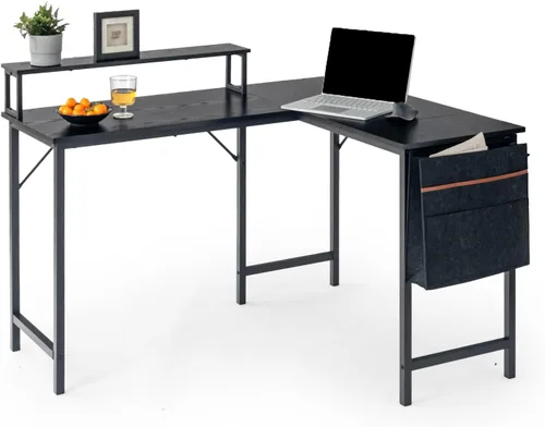 Miniatura 3 de FurnitureR Escritorio para computadora en forma de L de 48.8 pulgadas con bolsa de almacenamiento y luz LED, espaciosa estación de trabajo