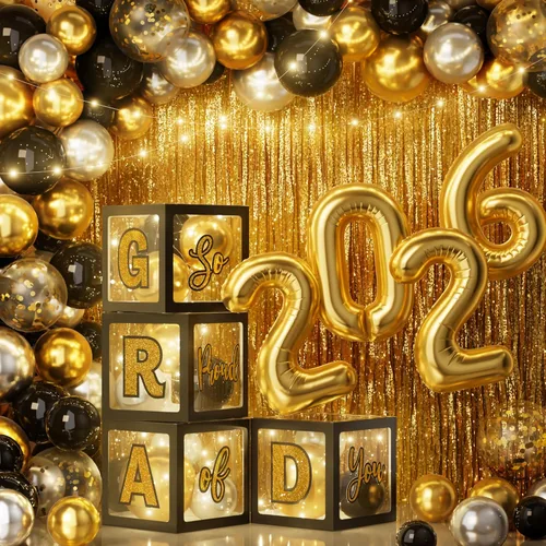 Decoraciones de graduación 2026: juego de 86 piezas de suministros de decoración para fiesta de graduación, incluye cuerdas de luz LED, cajas de