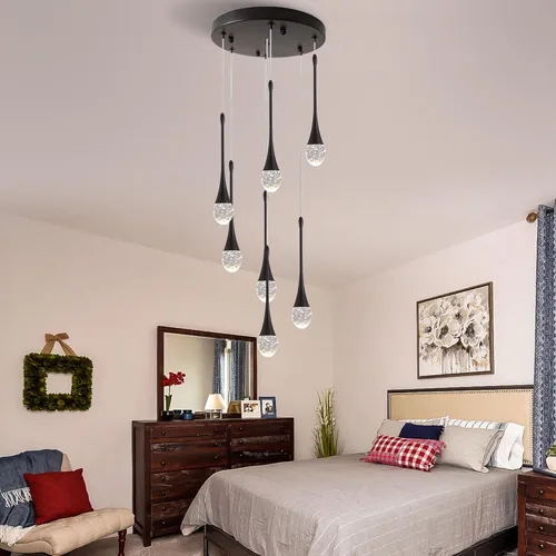 Miniatura 6 de Moderno candelabro de cristal de 7 luces, color negro, H60 pulgadas, techo alto, espiral, regulable, LED, burbuja, gota de lluvia, lámpara