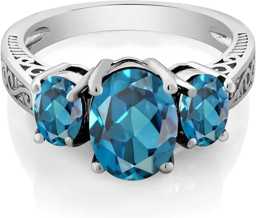 Miniatura 2 de Gem Stone King Anillo ovalado de plata de ley 925 con topacio azul Londres de compromiso para mujer