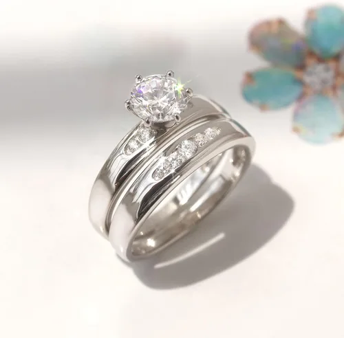 Miniatura 4 de Juego de anillos de boda solitarios de plata de ley con circonita blanca de 0.236 in (talla 5 a 10)