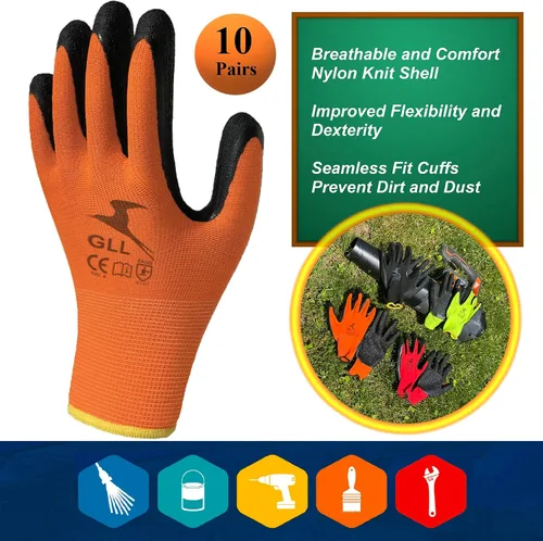 Miniatura 2 de GLL Guantes de trabajo de seguridad con revestimiento de látex para hombres y mujeres, paquete de 10 pares de agarre firme