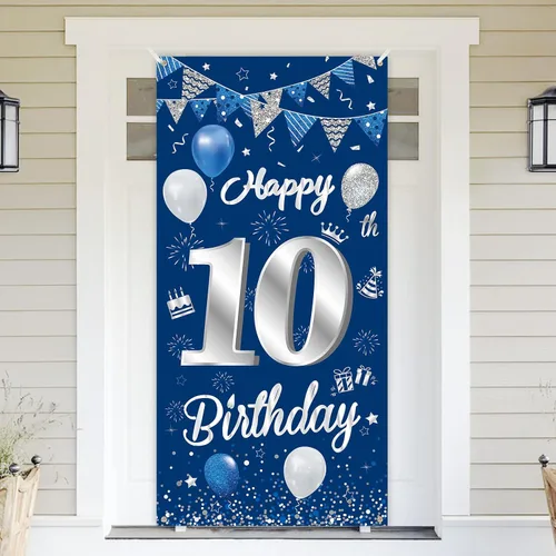 Cubierta de puerta de feliz cumpleaños número 10, decoración de fiesta de cumpleaños azul plateado de BTZO para hombres y niños, decoración de