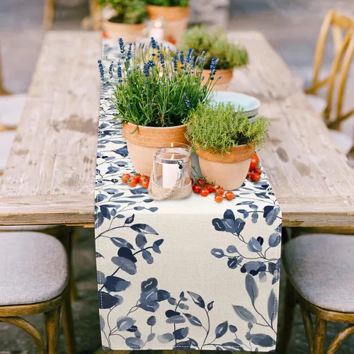 Miniatura 2 de AnyDesign Camino de mesa azul y blanco de 13 x 71.2 pulgadas, hojas de plantas azules, cubierta de mesa de acuarela, cocina, comedor, decoración