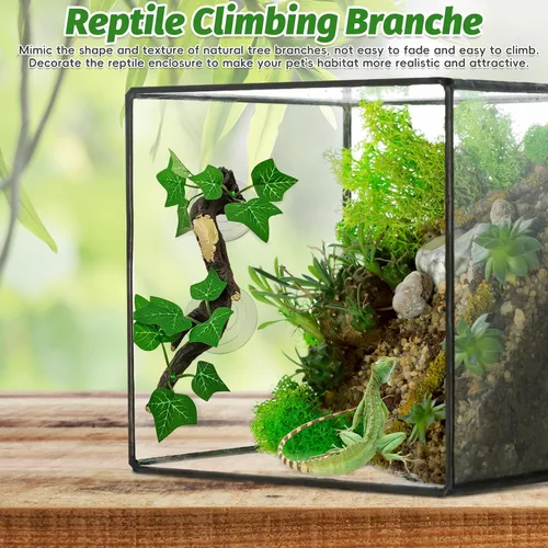 Miniatura 7 de PINVNBY 2 piezas de decoración de plantas de terrario de rama de esquina de reptiles con ventosa de resina para anfibios, lagartos y serpientes