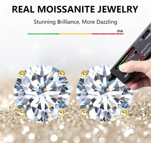 Miniatura 3 de BREN Aretes de moissanita de plata de ley S925 con diamantes de imitación de oro blanco de 18 quilates, aretes de moissanita para hombre, color D