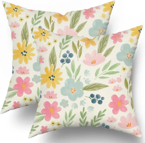 Miniatura 11 de Sweetshow Juego de 2 fundas de almohada con estampado floral de rosas rosadas de 18 x 18 pulgadas, diseño vintage de hojas y abejas, arte moderno