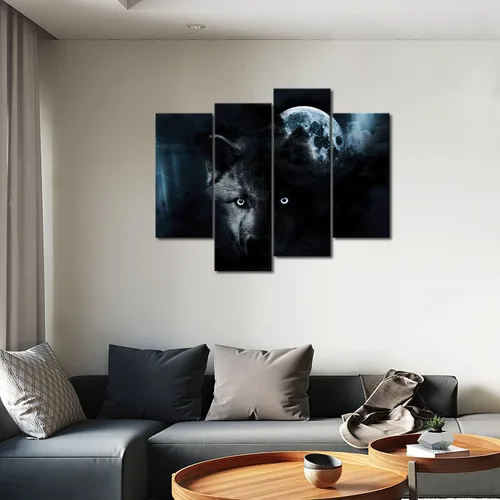 Miniatura 5 de Arte de pared de 4 paneles de lobo negro y luna llena, impresión sobre lienzo, imágenes de animales para decoración del hogar, pieza de regalo